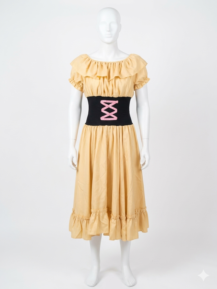 A mannequin dressed in a vintage yellow dress with ruffled sleeves and a mid-length skirt, complemented by a black waist cincher with pink lacing detail. Villager, pantomime costume, musical, wench, ensemble hire.