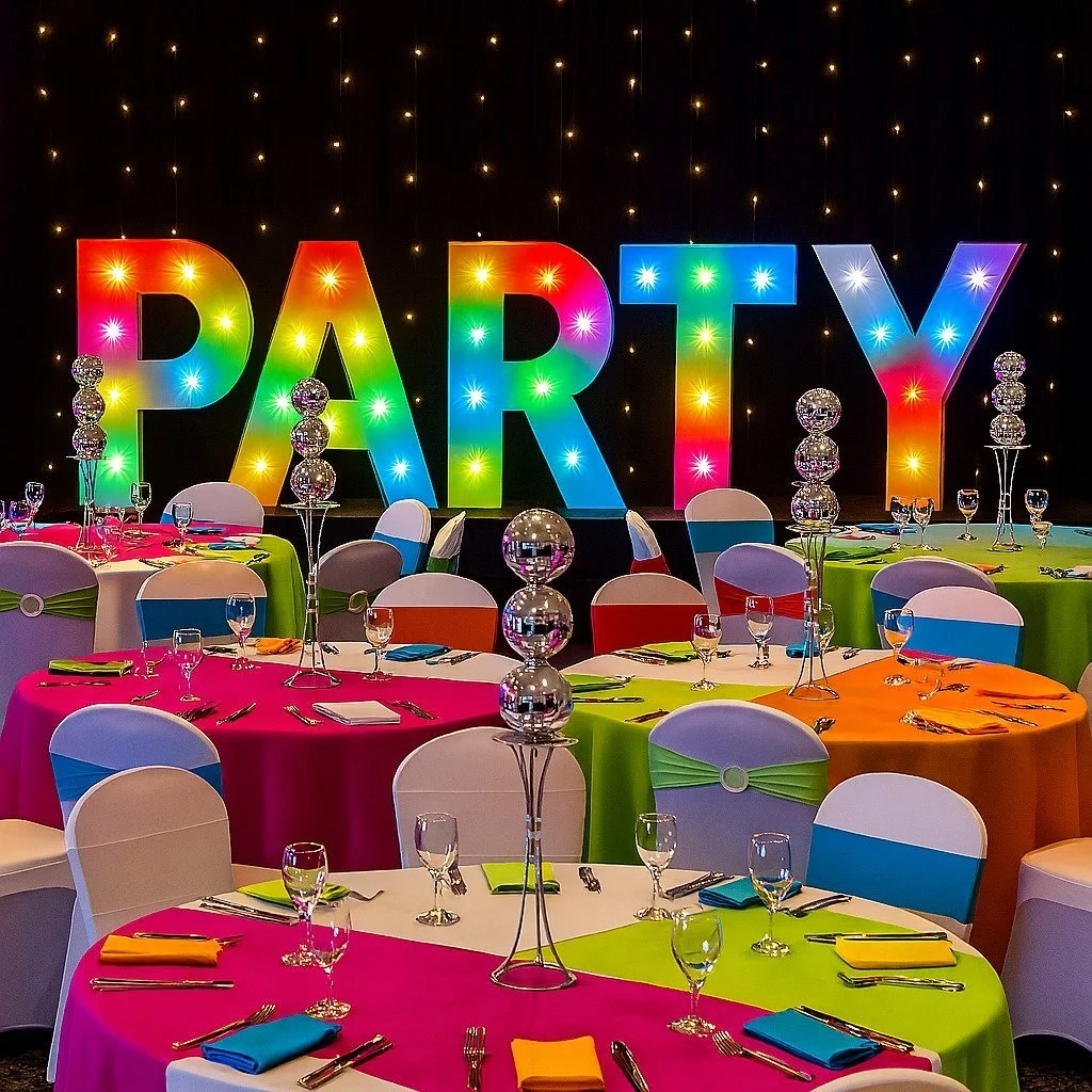 Colorful party event setup with round tables covered in pink, green, orange, and white tablecloths, decorated with glassware, utensils, and tall silver centerpieces, with large illuminated letters spelling 'PARTY' in multicolored lights in the background, set against a dark backdrop with string lights.