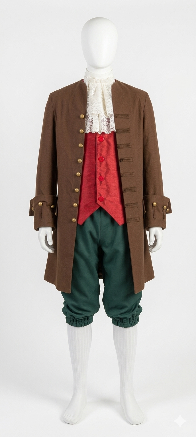 Mannequin dressed in historical costume with brown coat, red vest, white lace jabot, green knee-length trousers, and white stockings. Lefou.
