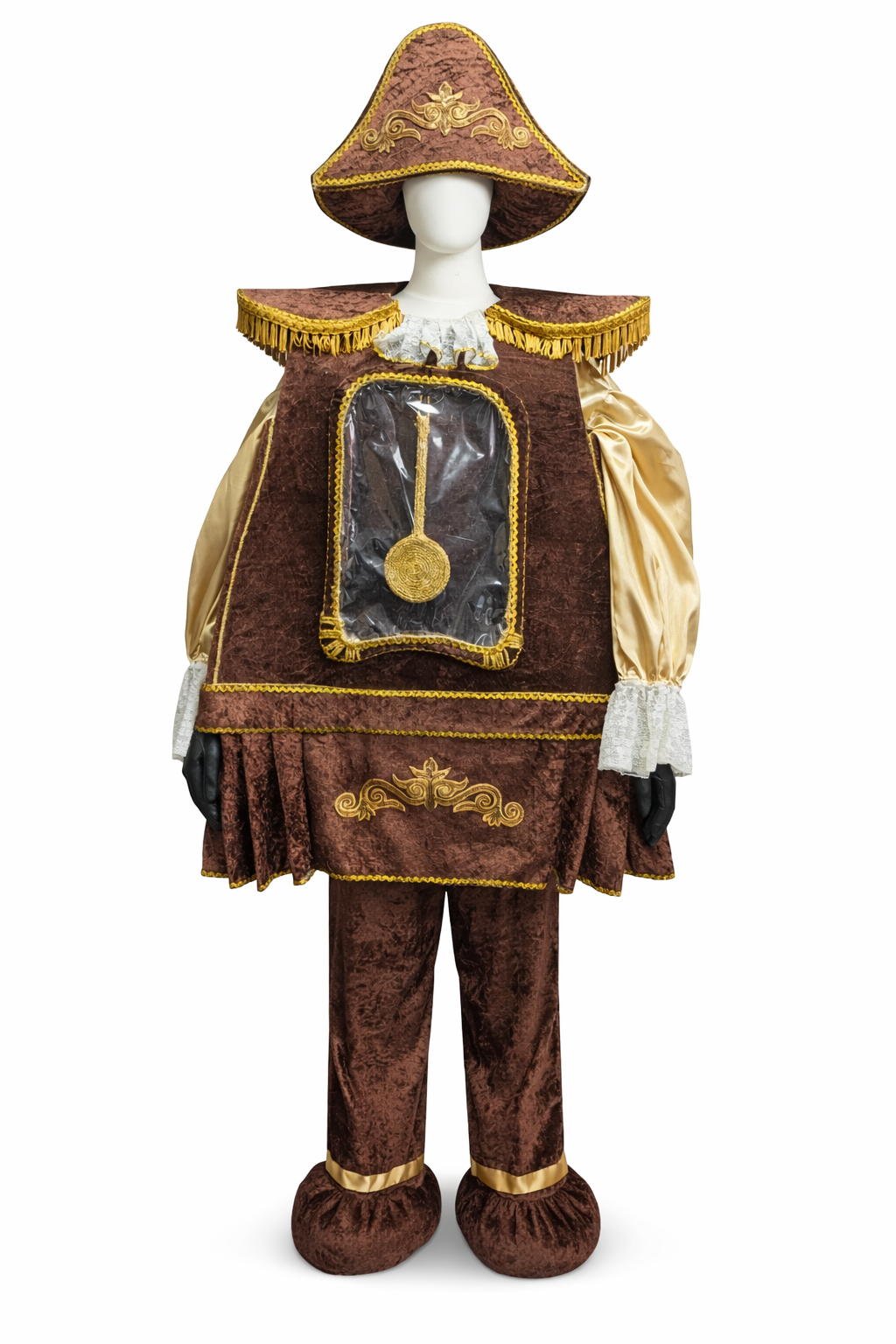 A mannequin dressed in theatre style costume with a brown and gold color scheme, including a large hat, cape, and shoes, resembling a clock.