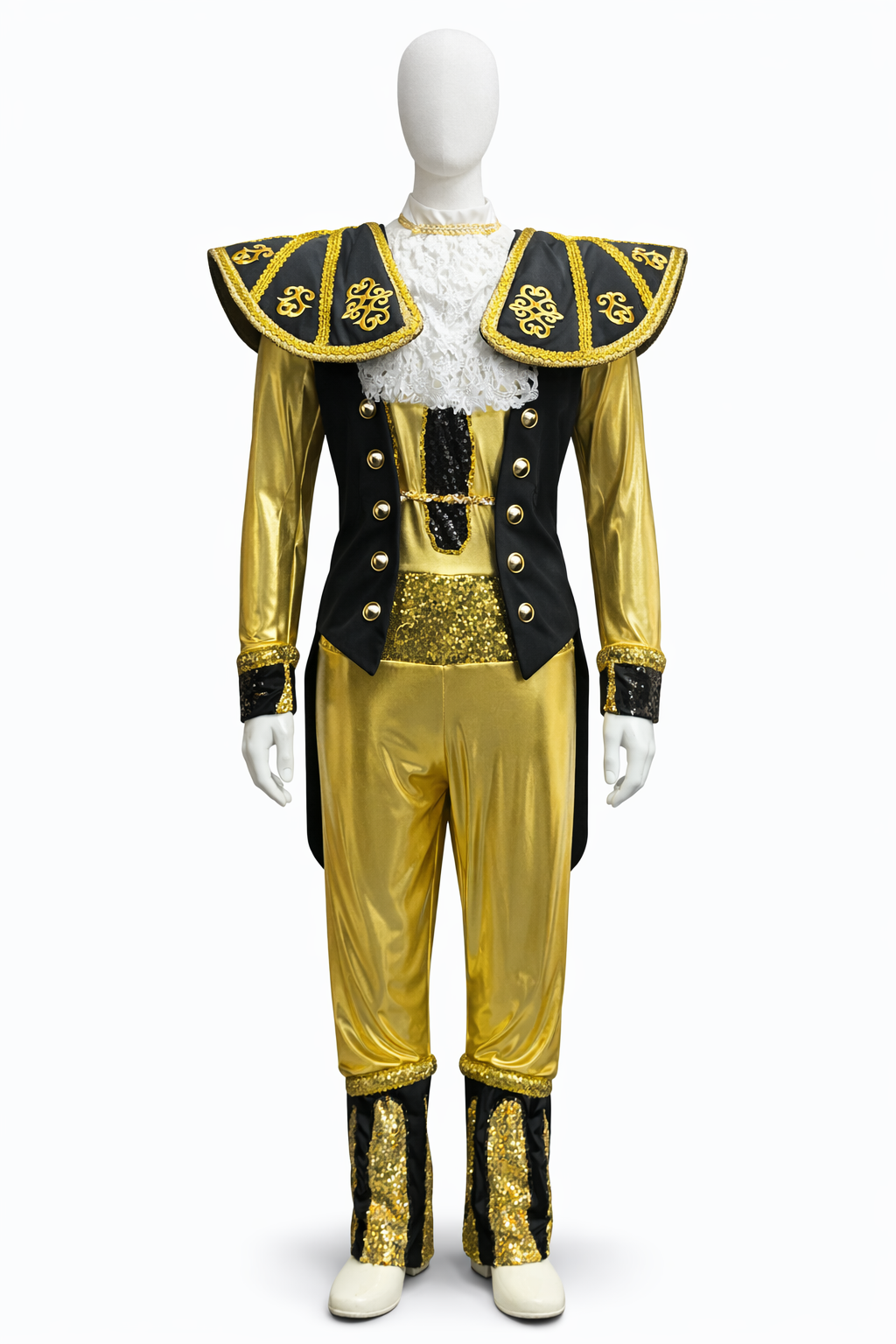 Mannequin dressed in a gold and black costume with large shoulder pads, gold pants, and decorative accents. Lumiere, Beauty and the Beast.