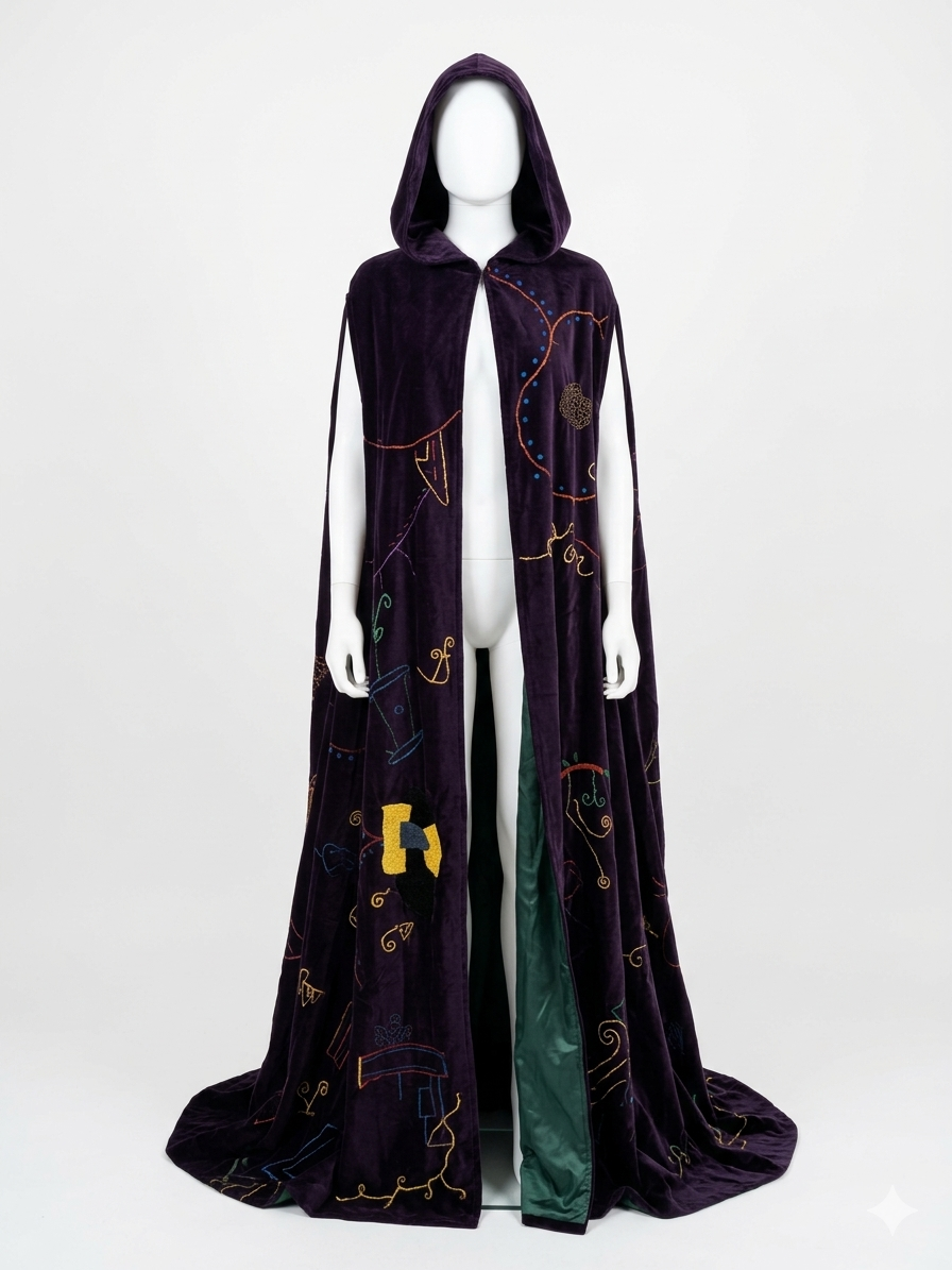 Long velvet hooded coat with colorful embroidered abstract designs displayed on a mannequin. wizard, enchantress robe.