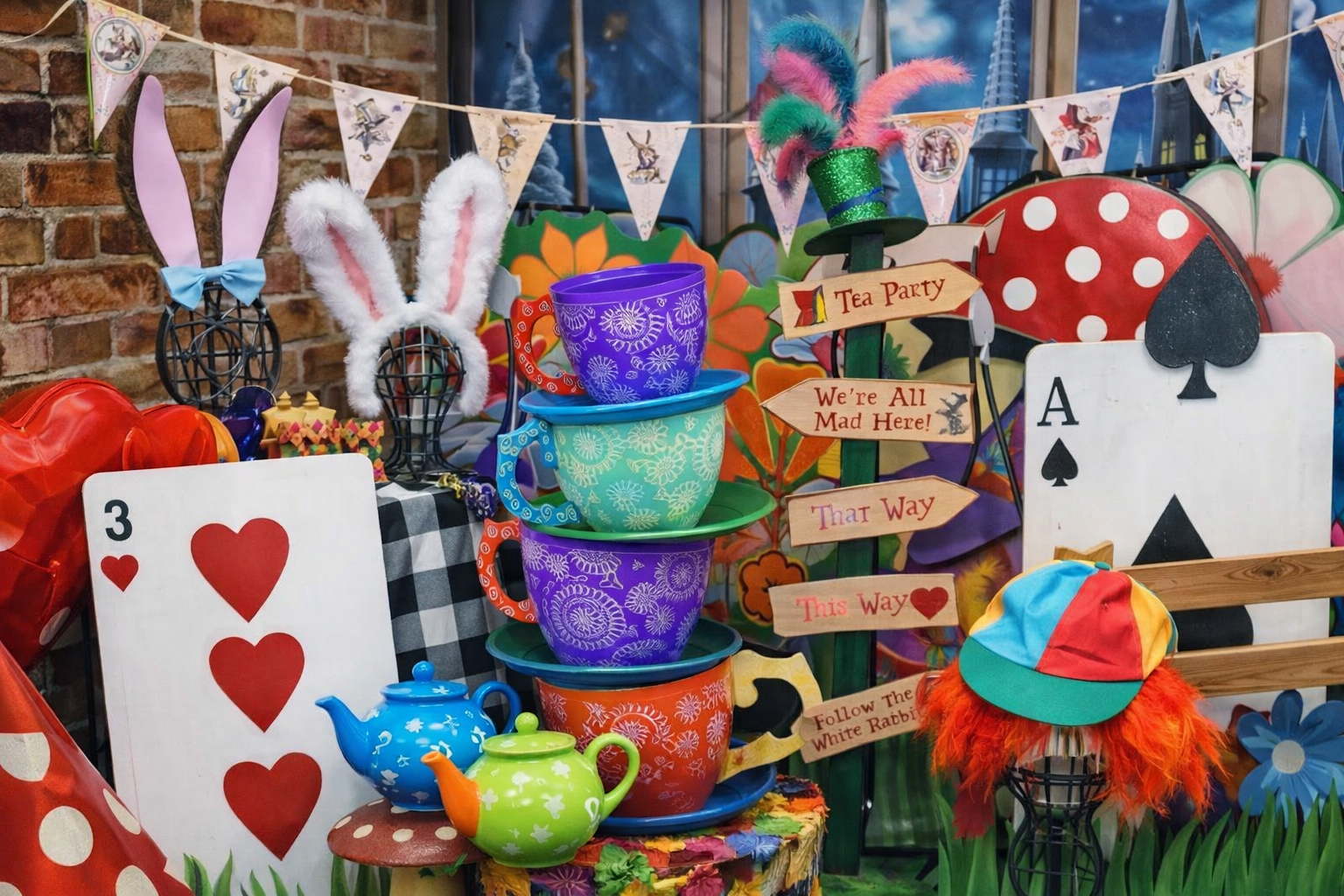 Colorful display of teacups, teapots, bunny ears headbands, and decorative signs for an Alice in Wonderland-themed tea party, with various themed decorations and props.