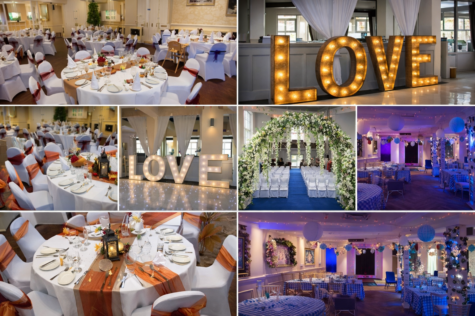 collage of wedding and event styling by The Curious theme factory,including venue dressing, floral archwats, illuminated LOVE letters and styled tables.