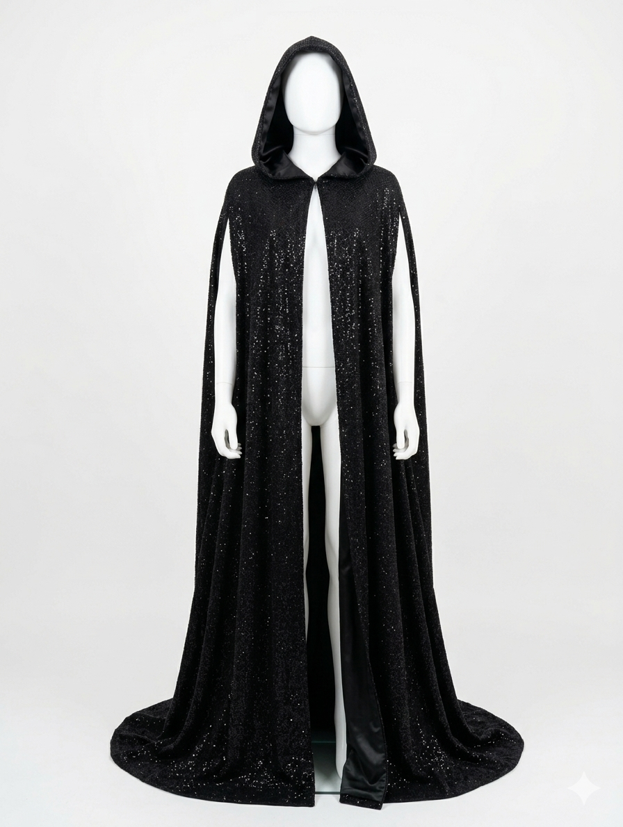 Long black hooded cape with a shimmering, star-like design, displayed on a mannequin against a white background. Enchantress.