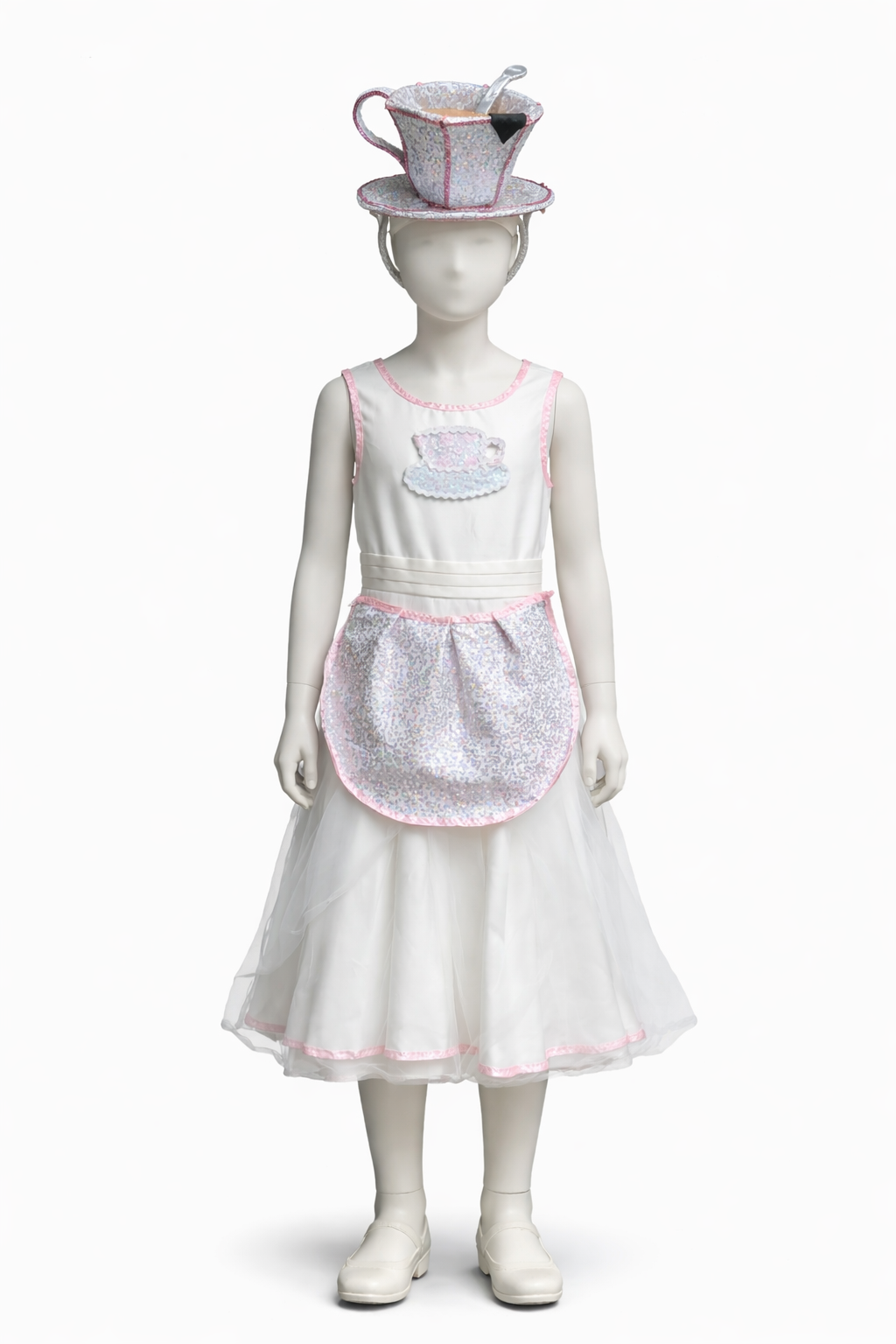 Child mannequin dressed in white dress with pink accents, wearing a pink and white teacup hat. Chip, Beauty & the Beast.