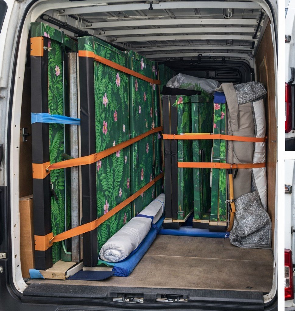 Interior of a courier van filled with theatre set panels , scenic elements and props, secured with orange straps, along with a rolled-up fabric and bag. Ready to transport to London theatre.