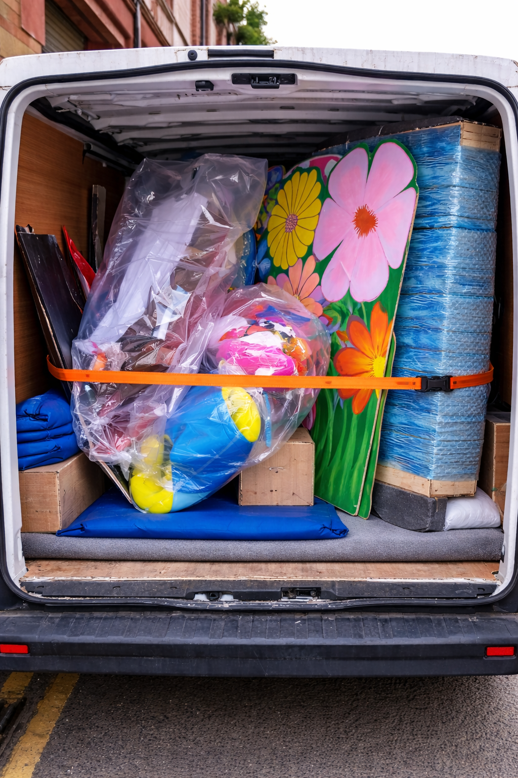 The back of a van filled with colorful modular scenery for touring theatre. Nationwide supplier of theatre sets, costumes and props.