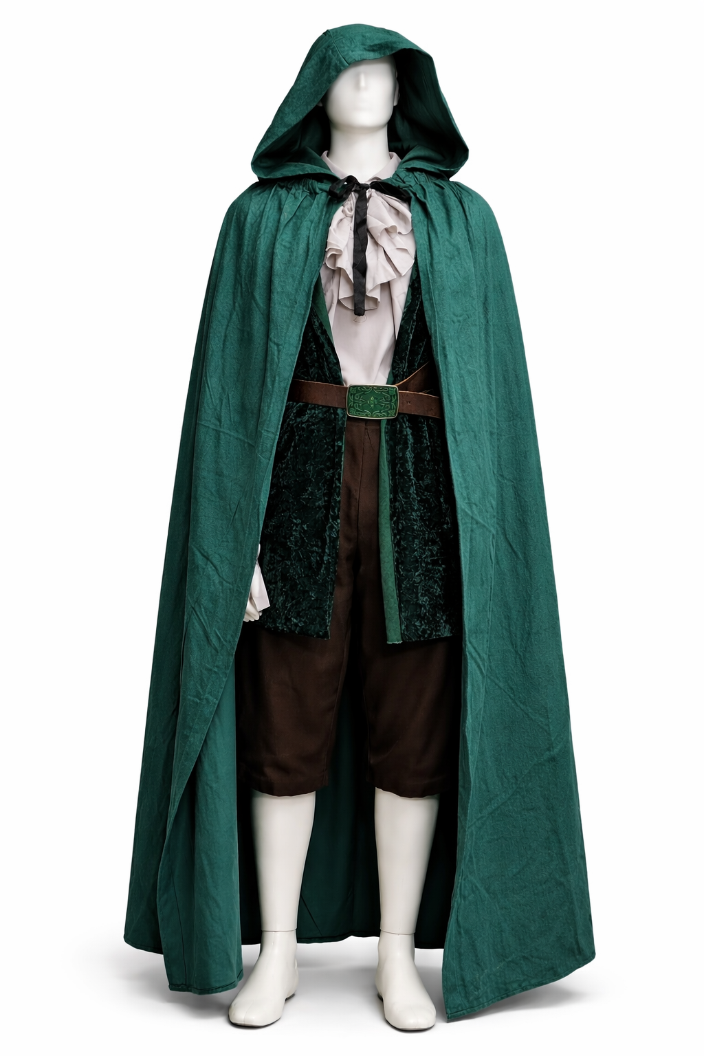 Mannequin dressed in a medieval-style costume with a long green cloak, a hood, a velvet vest, brown shorts, and a belt. Musical, panto hire.