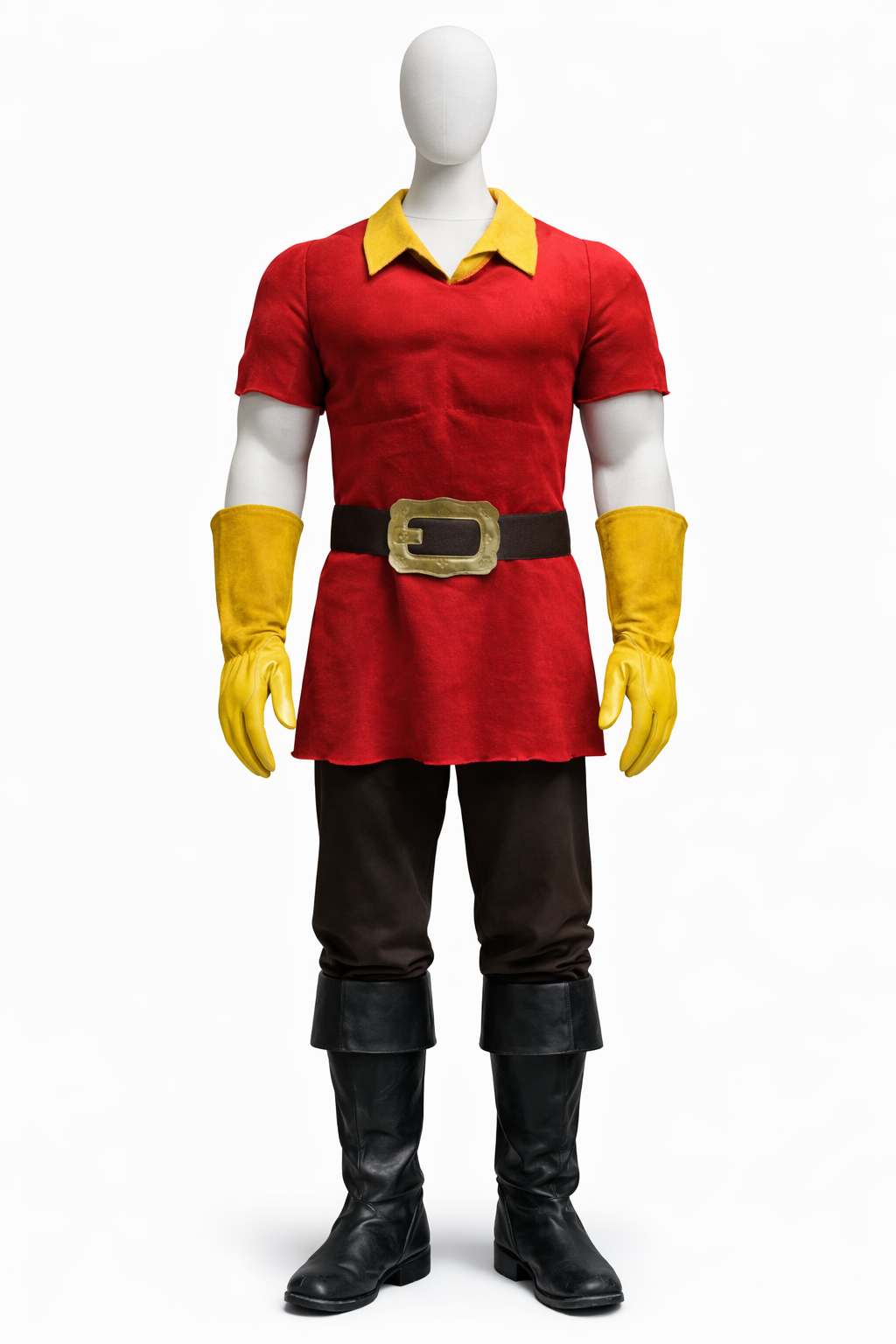 A mannequin dressed as RGaston, wearing a red tunic with yellow collar, yellow gloves, black pants, and tall black boots. Beauty and the beast.