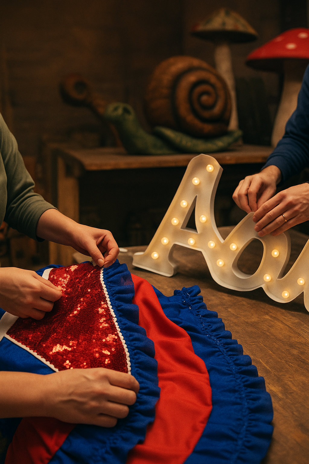 People working on a colorful, sequined and ruffled clown costume with a large illuminated marquee letter 'A' on a wooden table. In the background, there are decorative snail and mushroom sculptures.