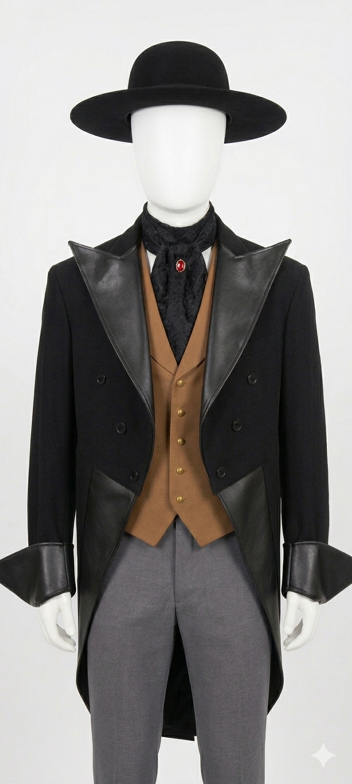 Mannequin dressed in vintage 19th-century style male costume with black wide-brimmed hat, leather-trimmed black coat, beige waistcoat, black neckerchief with red jewel, gray trousers, and white gloves. Monsieur D'arque.