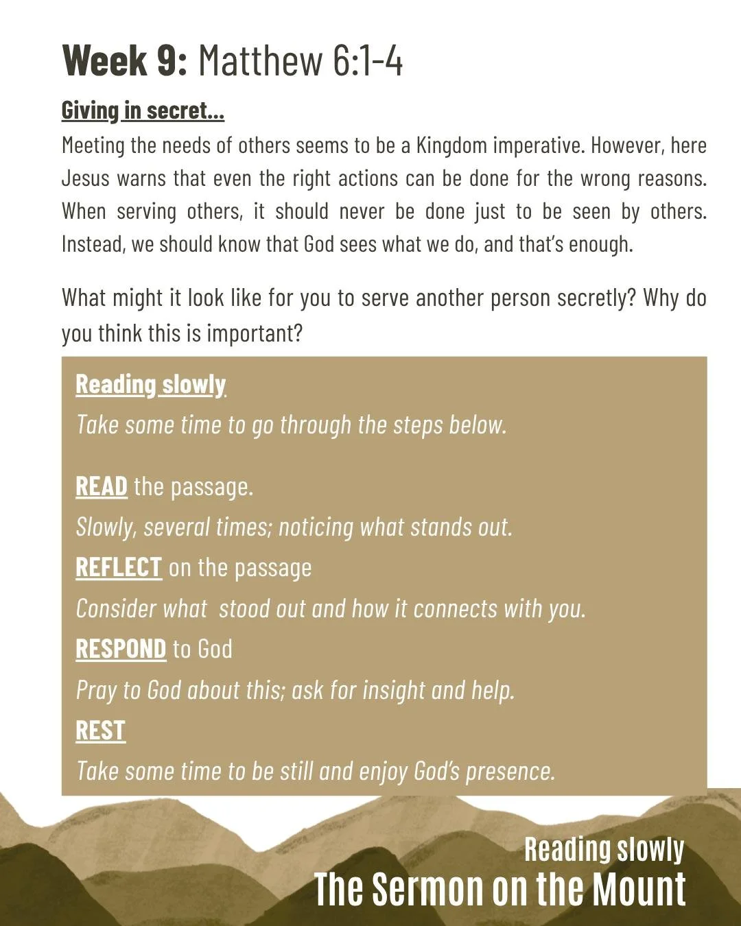 Continuing this Sunday morning to focus on the challenges, encouragements and invitations in Jesus' key teaching, recorded by Matthew. 

See you 10:30am.