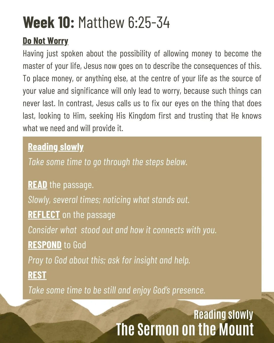 This week's read-slowly guide. 

If you'd like to become part of a Life Group (meeting fortnightly to chat around the implications of Jesus' teaching in our lives), speak to Rob - or get in touch: rob@trinitybangor.org.uk