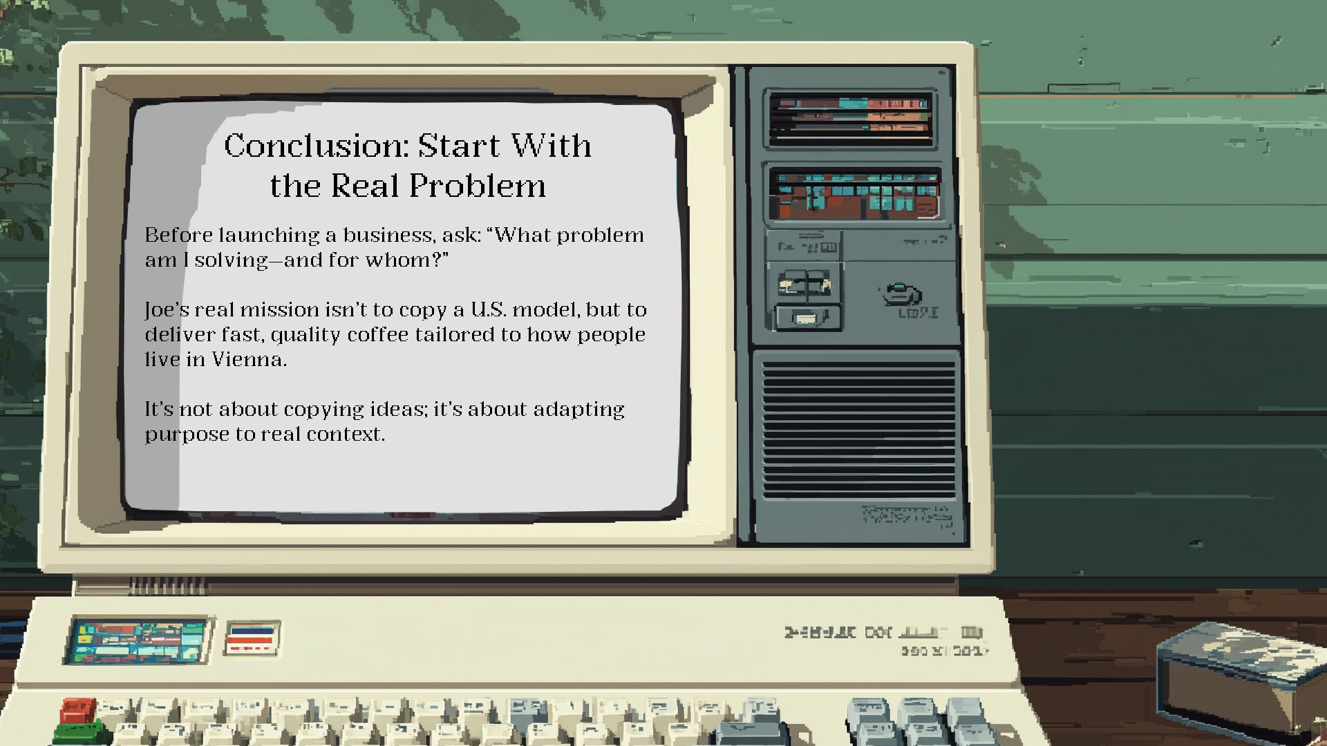 An old computer monitor displaying a presentation slide titled 'Conclusion: Start With the Real Problem.' The slide emphasizes understanding the true issue behind a business and tailoring services accordingly. The computer is on a wooden desk, with a small object resembling a calculator or a remote control nearby.