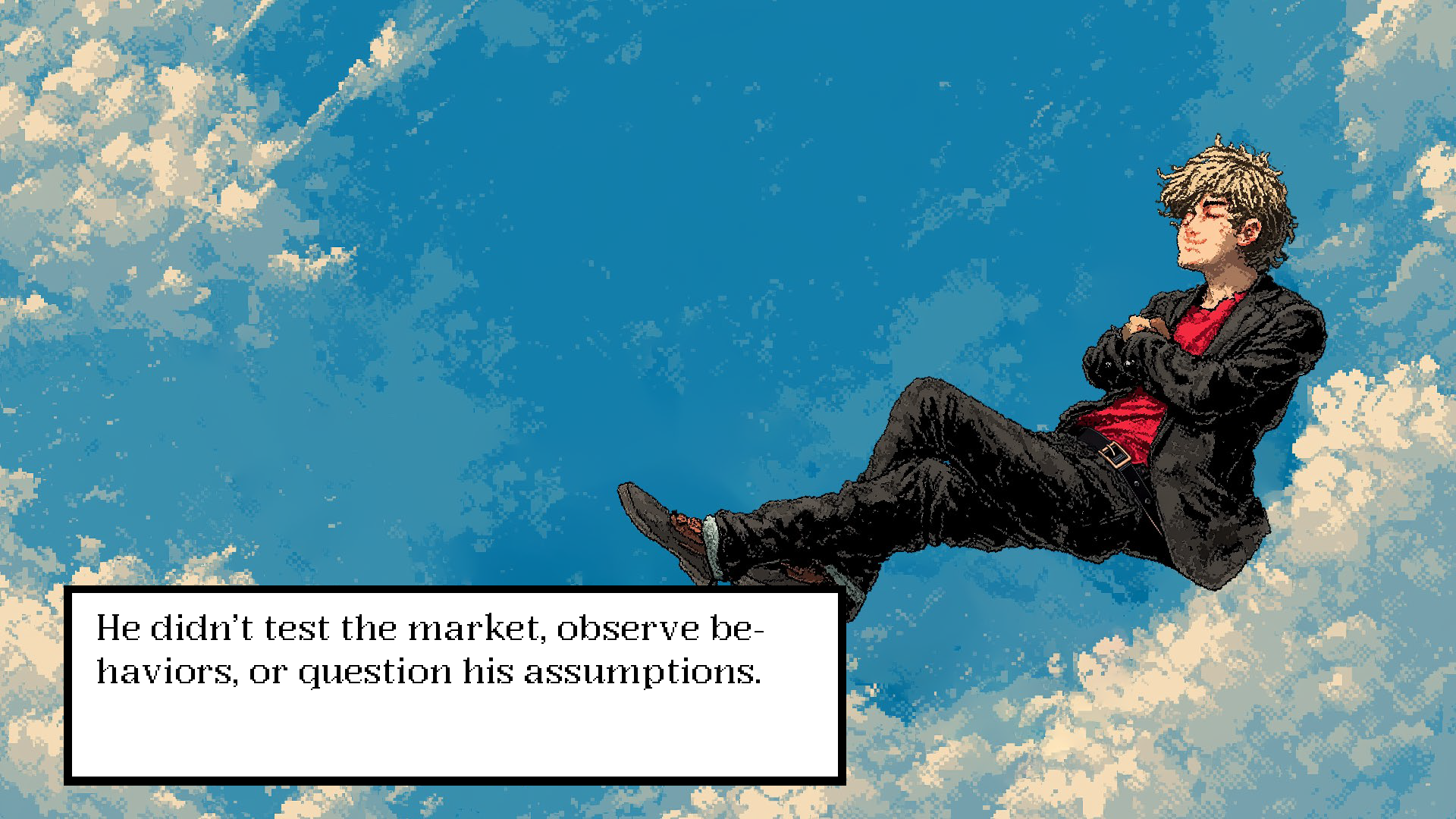 A young person with messy blond hair wearing a black jacket, red shirt, and black pants is sitting with crossed arms and closed eyes, floating in a partly cloudy sky.