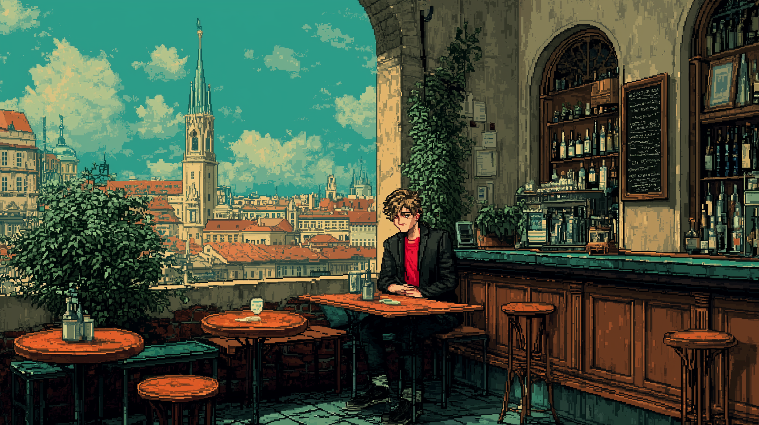 A pixel art depiction of a young man sitting alone at an outdoor cafe, with a city skyline including a church steeple in the background. The cafe has wooden tables and a bar with bottles on shelves.