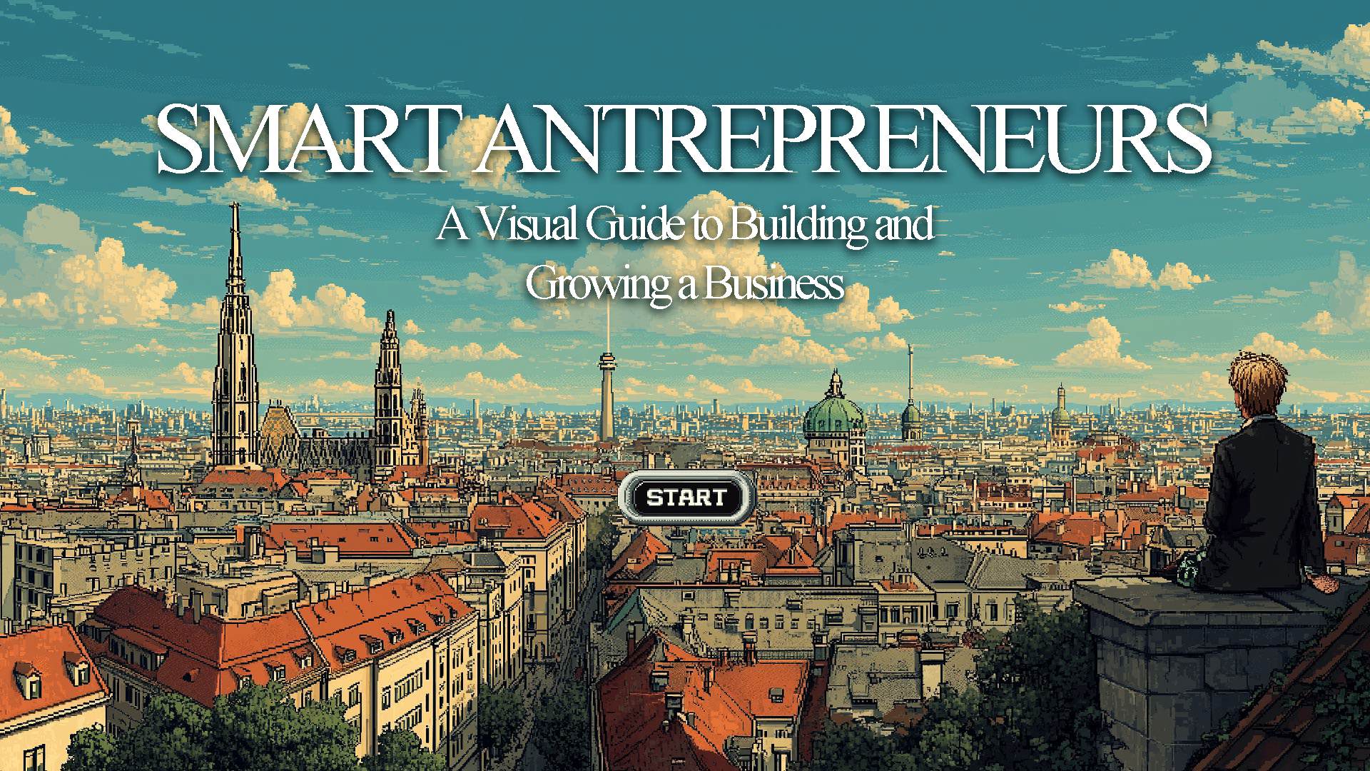 Cover page for 'Smart Entrepreneurs' featuring a city skyline with historic and modern buildings, including a tall spire and a person sitting on a ledge overlooking the city. The title and subtitle are overlaid with a start button.