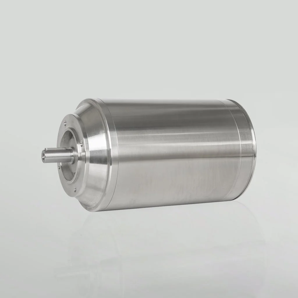 A metallic cylindrical electric motor with a protruding shaft on a plain light background.