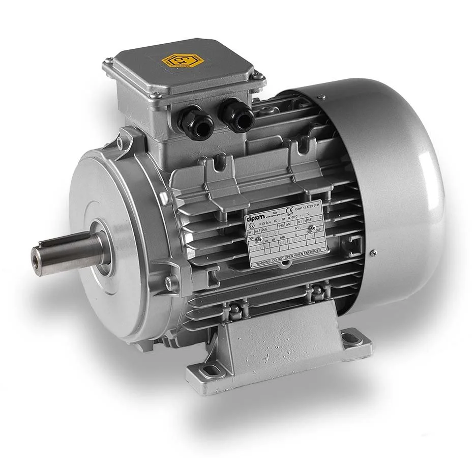 Industrial electric motor with cooling fins and metal housing.