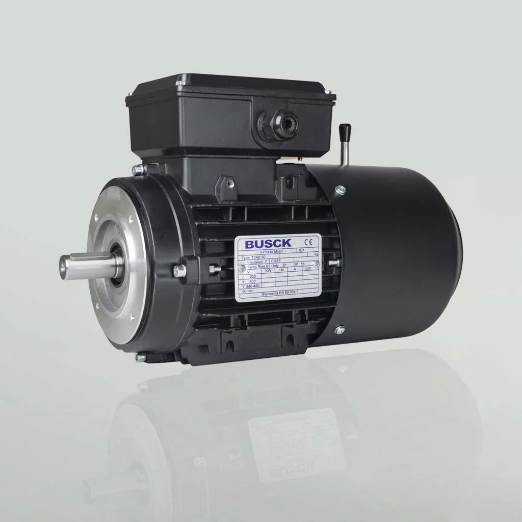 Electric motor with a black casing, a metal shaft, and a label indicating specifications, against a light background.