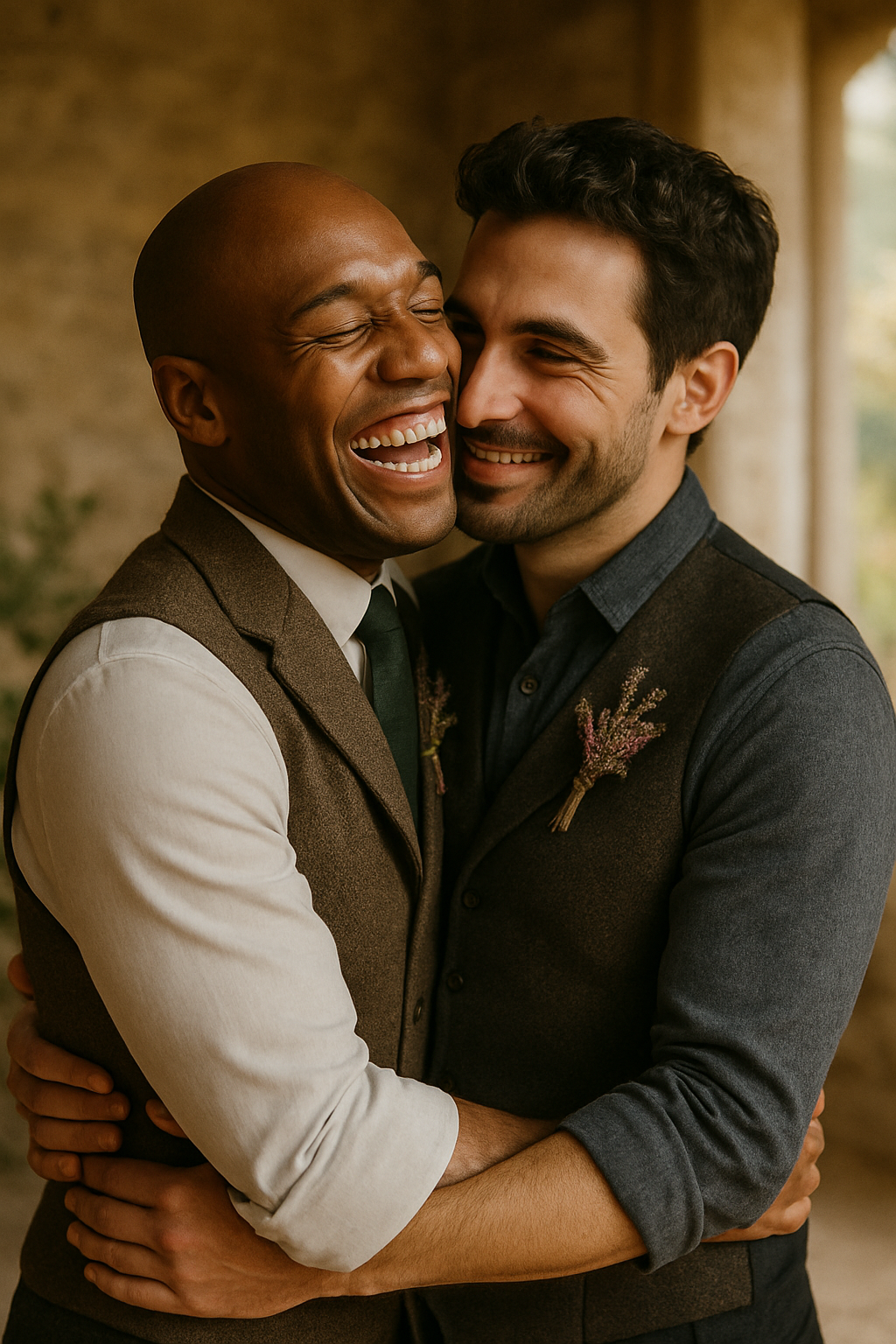 Two men hugging and smiling warmly at each other, one Black and one white, both dressed in formal attire with small floral boutonnieres, in a cozy indoor setting with warm lighting.