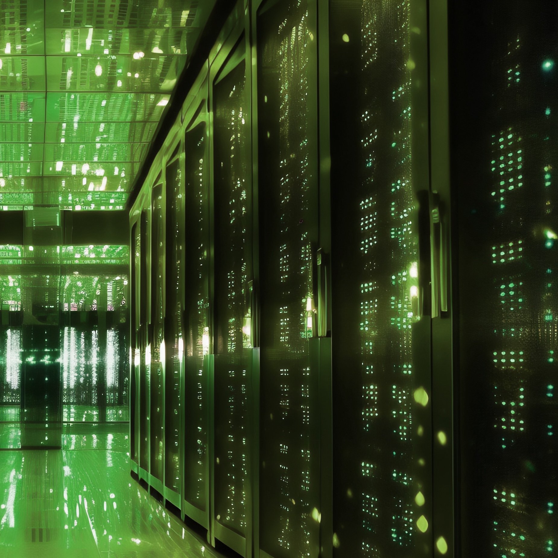 A corridor lined with server racks in a data center, illuminated by green LED lights reflecting off glossy surfaces.