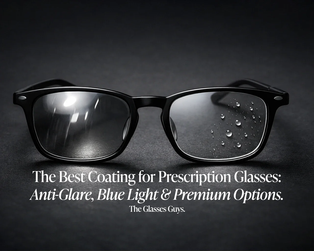 Comparison of prescription glasses lenses showing anti-glare coating reducing reflections on one lens