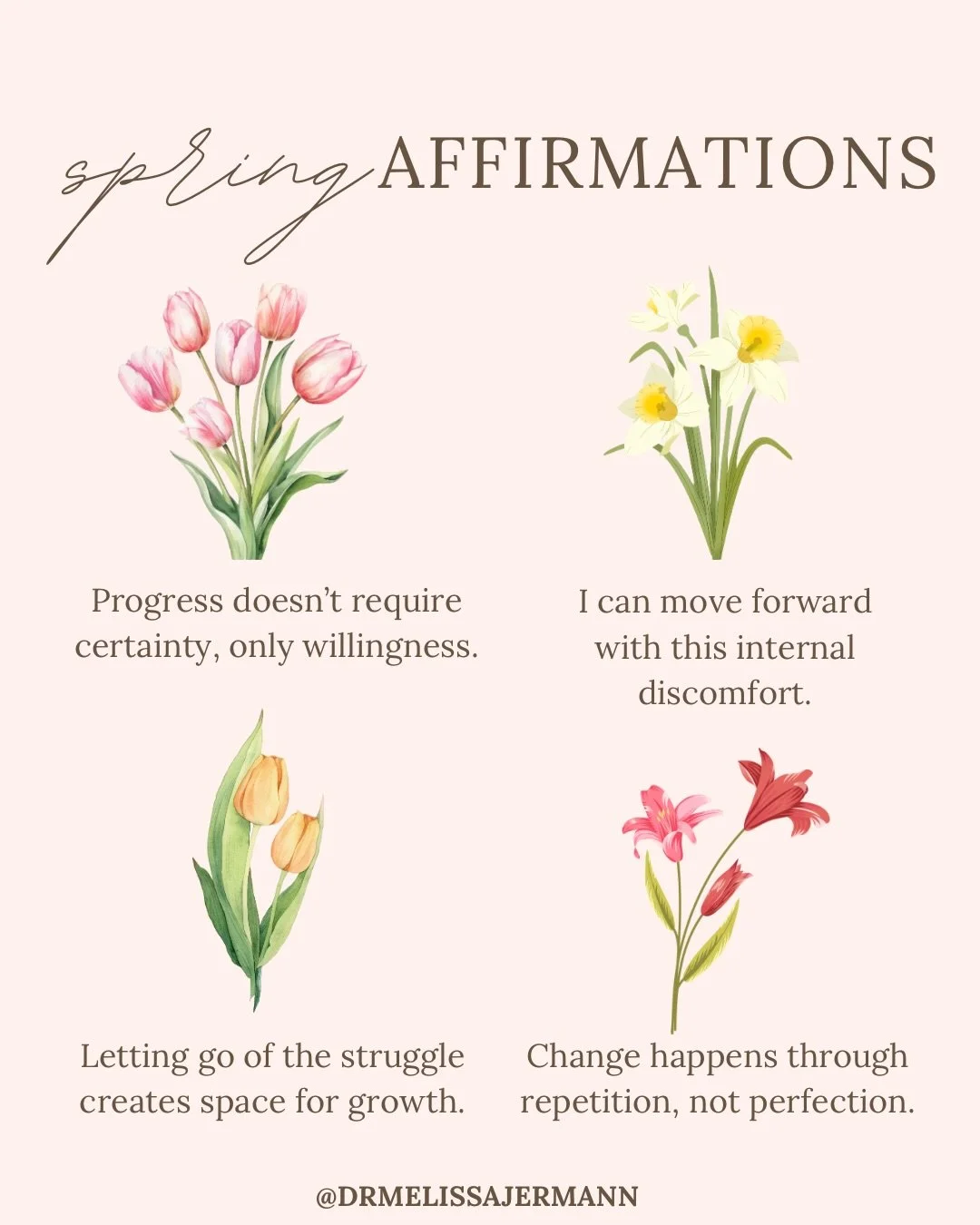 As the weather gets warmer, we may feel more invigorated to make changes and push ourselves toward growth. 

Here are some helpful affirmations to encourage yourself in a compassionate way!

📍 Therapy available for clients in 42 states virtually and