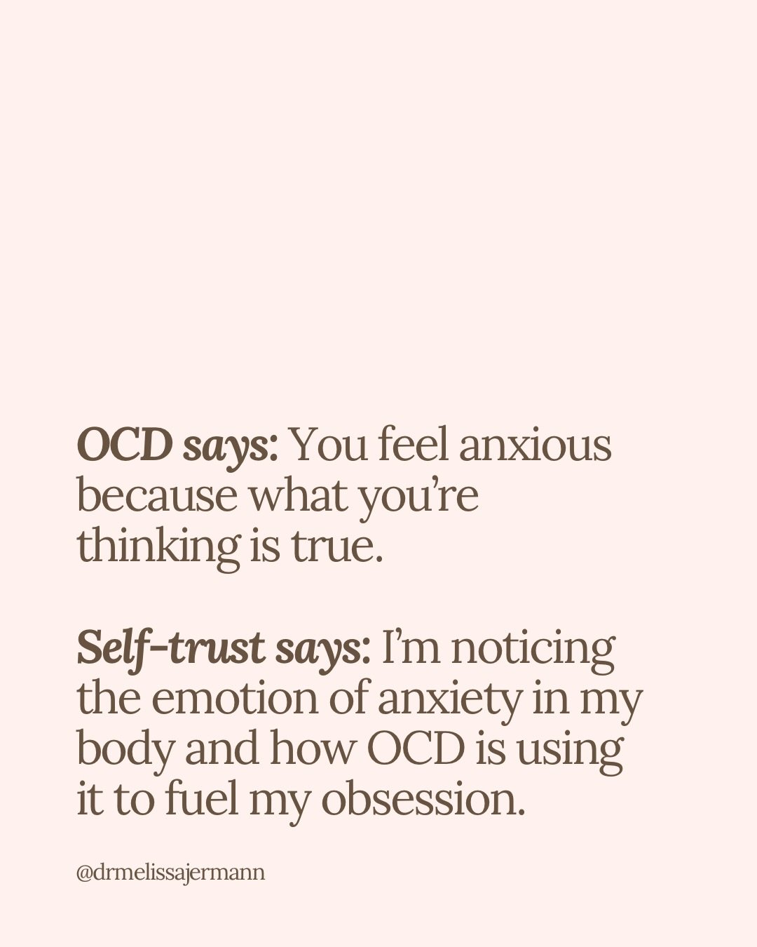 Self-trust is built by learning how to separate from OCD and step out of the cycle.

It requires taking the risk and engaging in exposures and response prevention.

Your brain learns through action and non-engagement, not through arguing with OCD or 