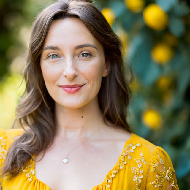A woman with long brown hair and blue eyes smiling outdoors, wearing a yellow dress with floral embroidery and a pendant necklace, with yellow flowers in the background.