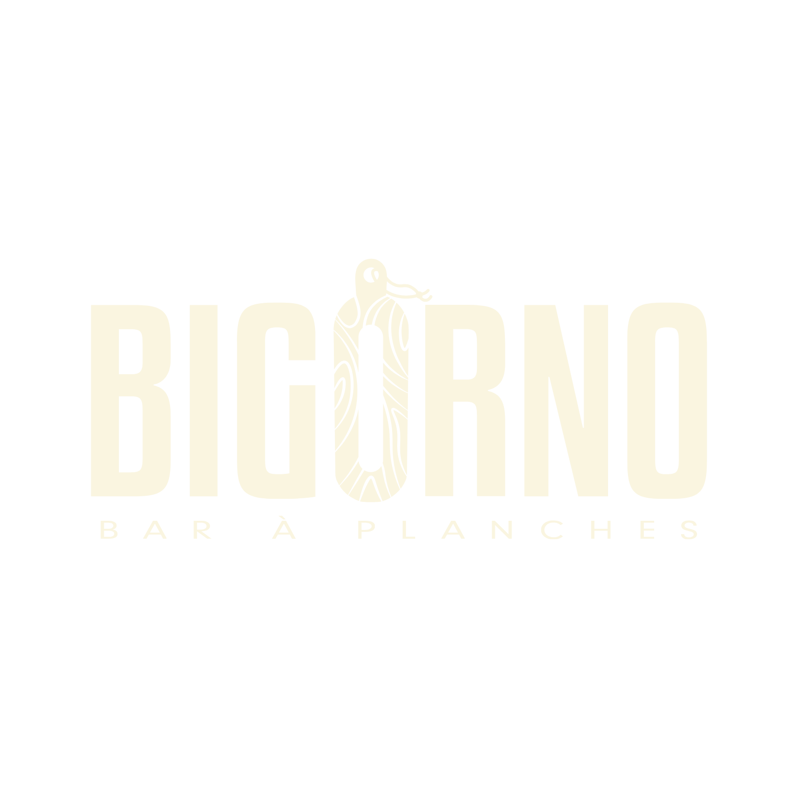 Logo du bar à planches 'Bigorno' avec une planche intégrée dans le texte.