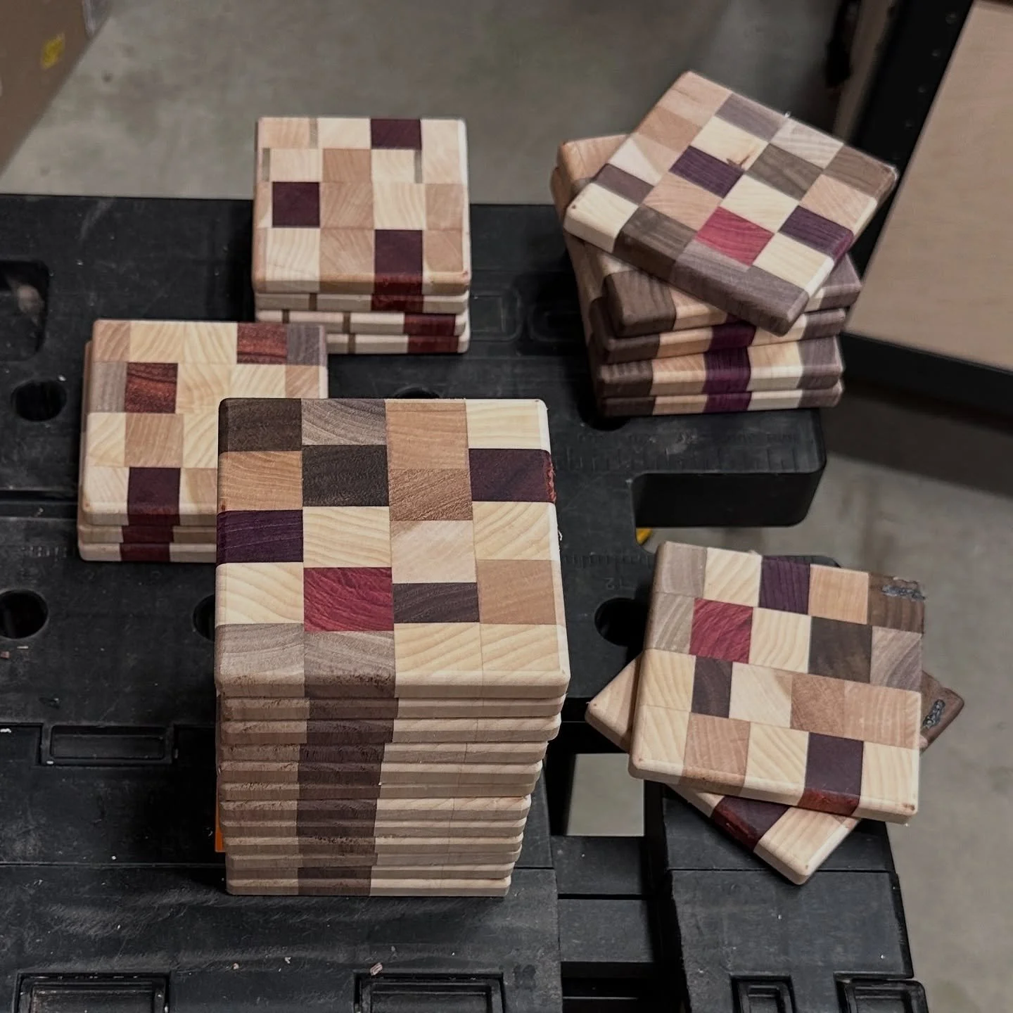New end grain coasters and more edge grain cheese boards in production. #CraftedwithPurpose #WarrenWoodworks