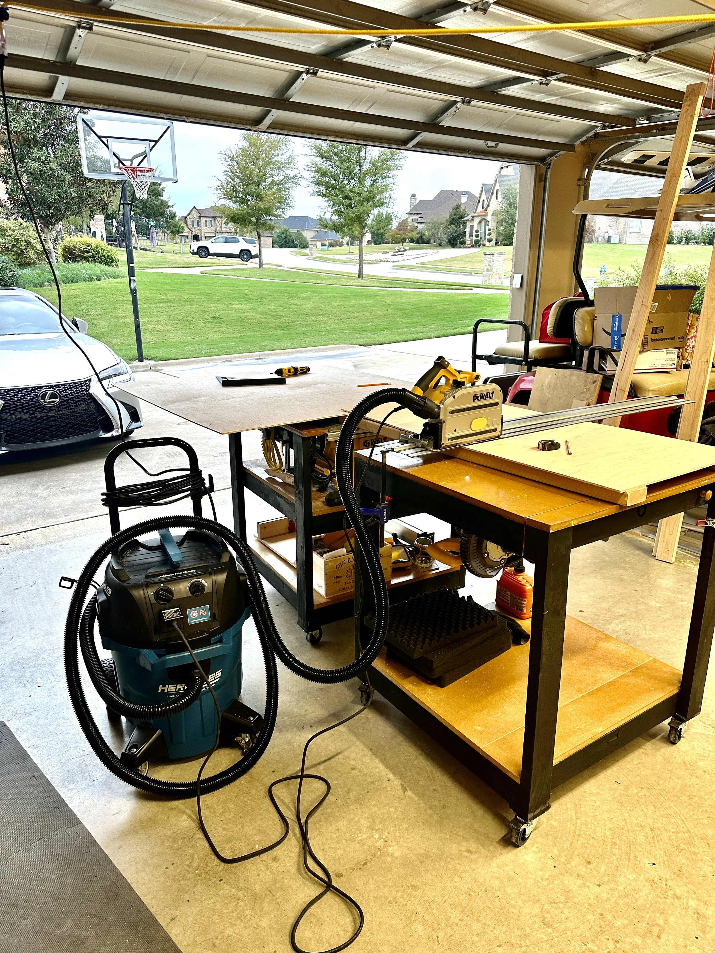 Workshop Table Saw production setup with outfeed table and Hercules Dust Extractor.