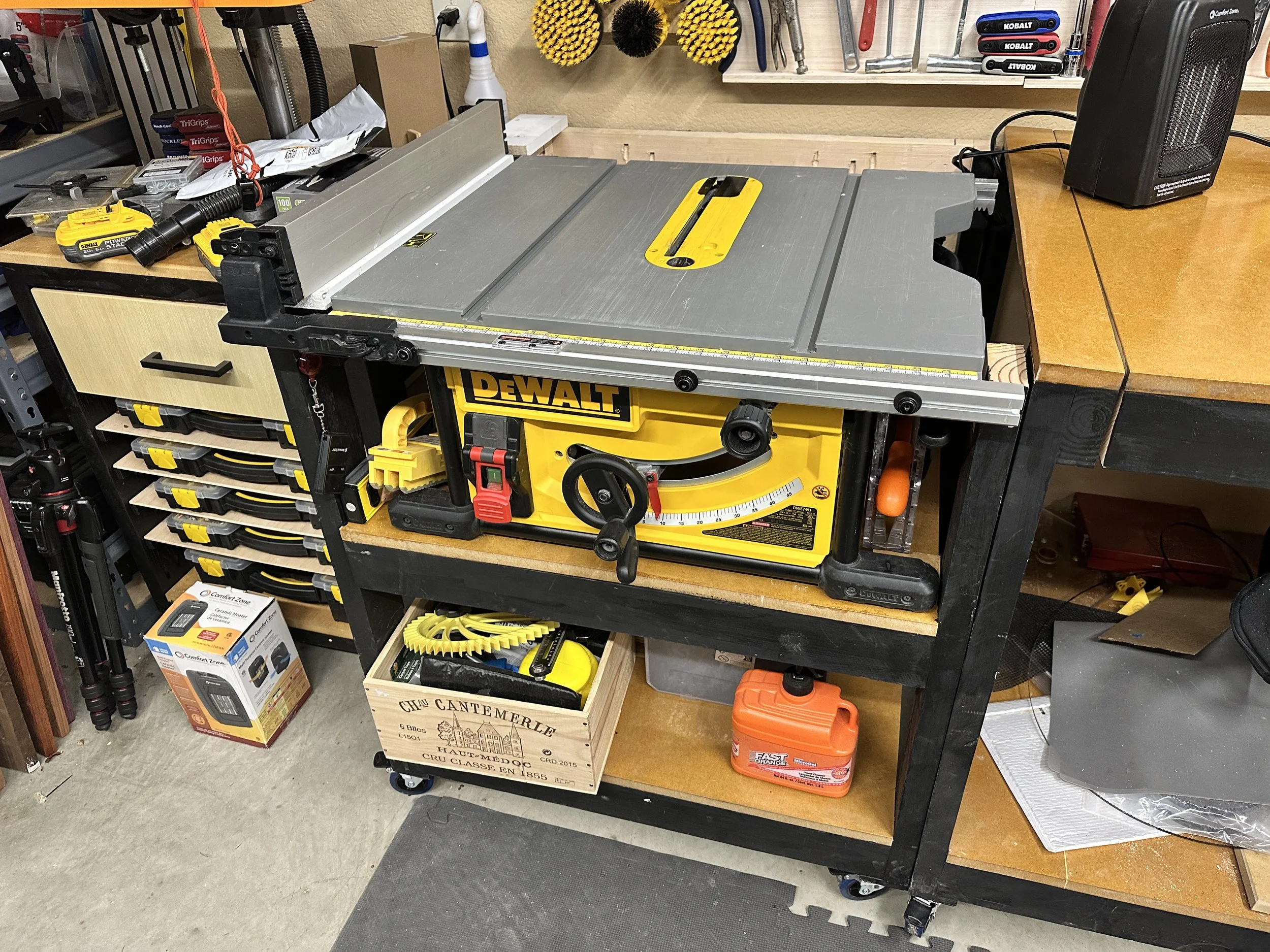 10" DeWalt table saw mounted in a portable workbench.