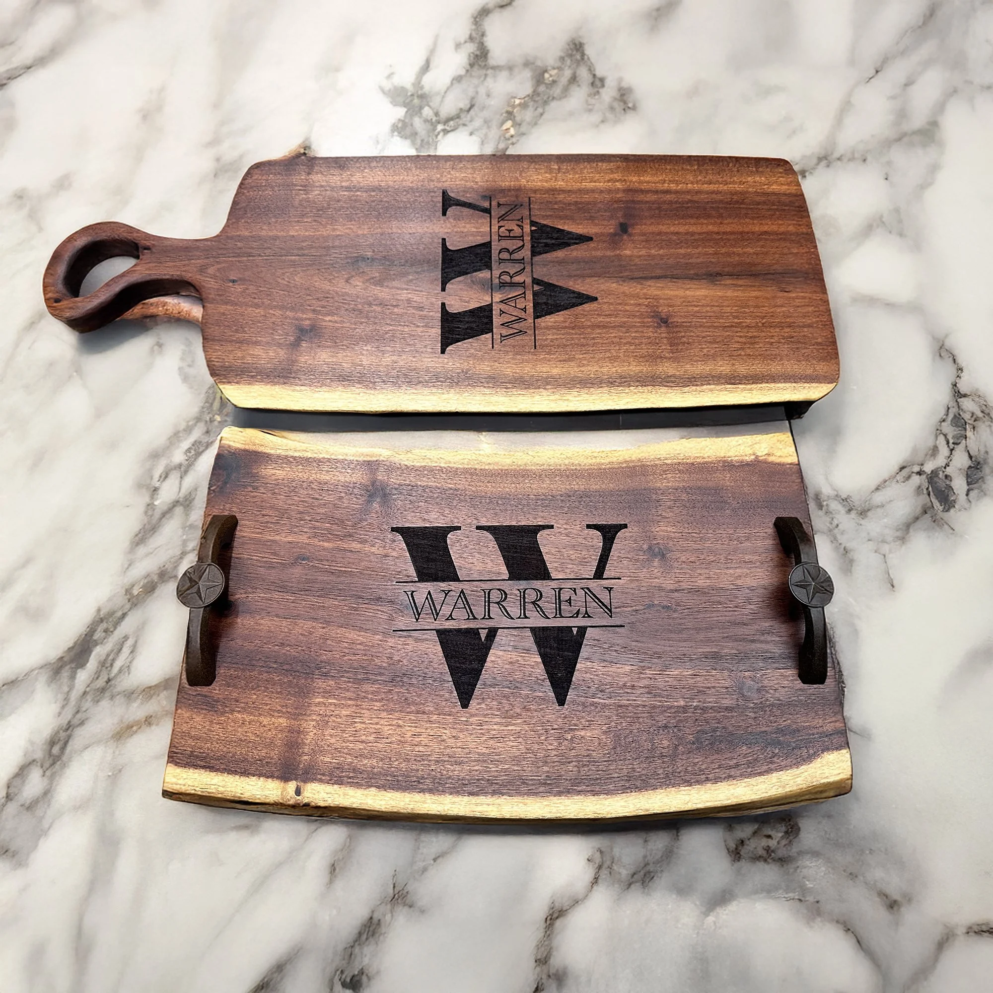 Serving set from African Acacia Hardwood as a wedding gift. Serving Platter and Charcuterie board.