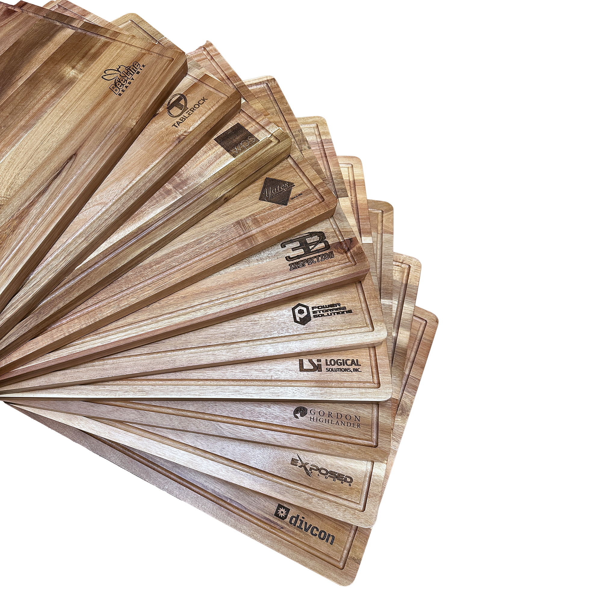 Custom 20 x 15 African Acacia cutting boards engraved for corporate customer, with their top 10 clients.