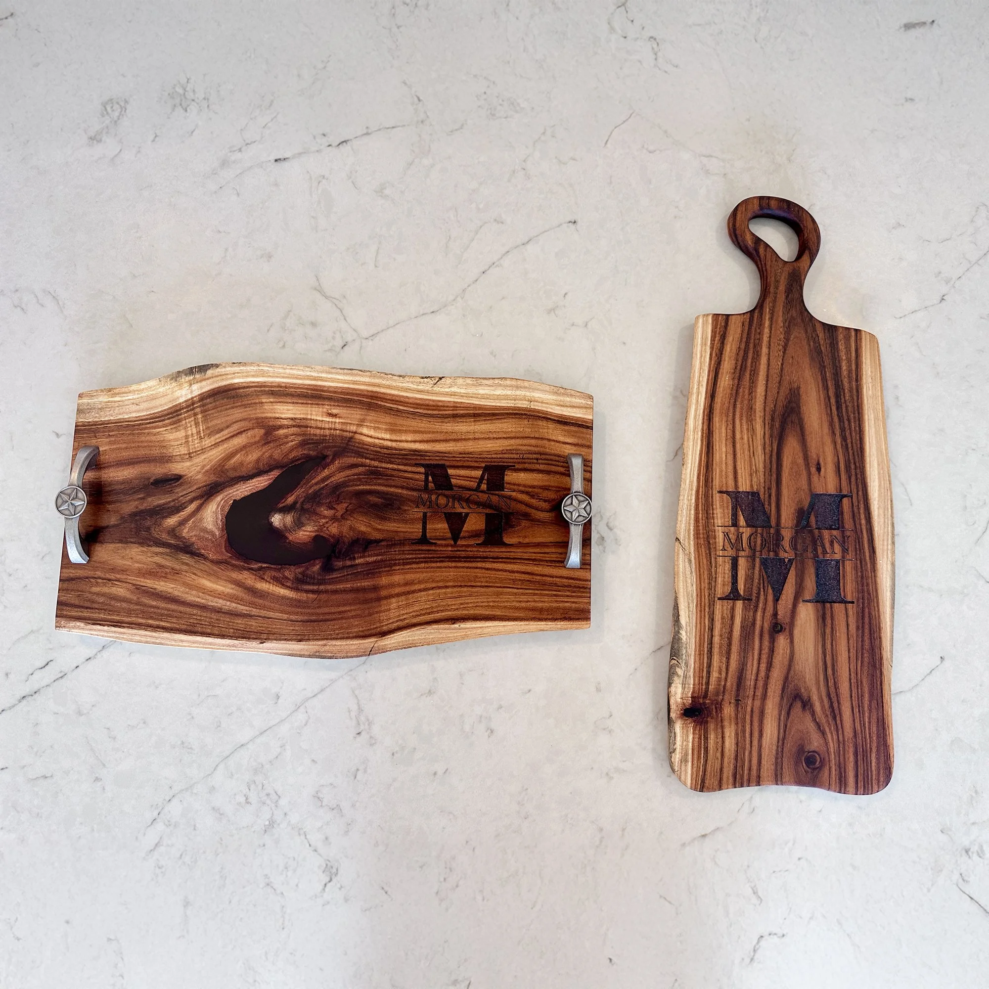 Serving set from African Acacia Hardwood as a wedding gift. Serving Platter and Charcuterie board.
