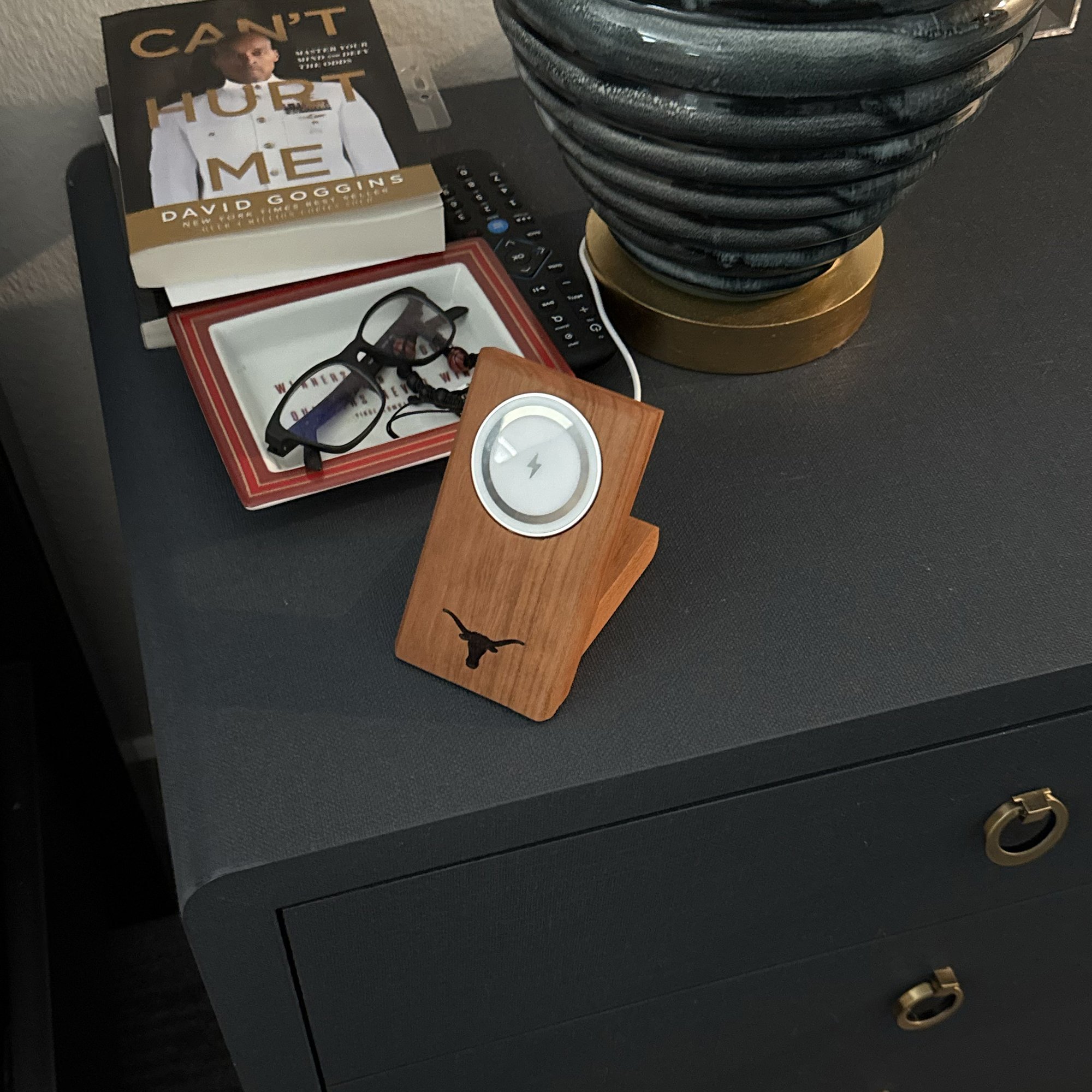 Handcrafted and Laser Engraved MagSafe Phone Charger from Ediara Hardwood with Longhorn Logo