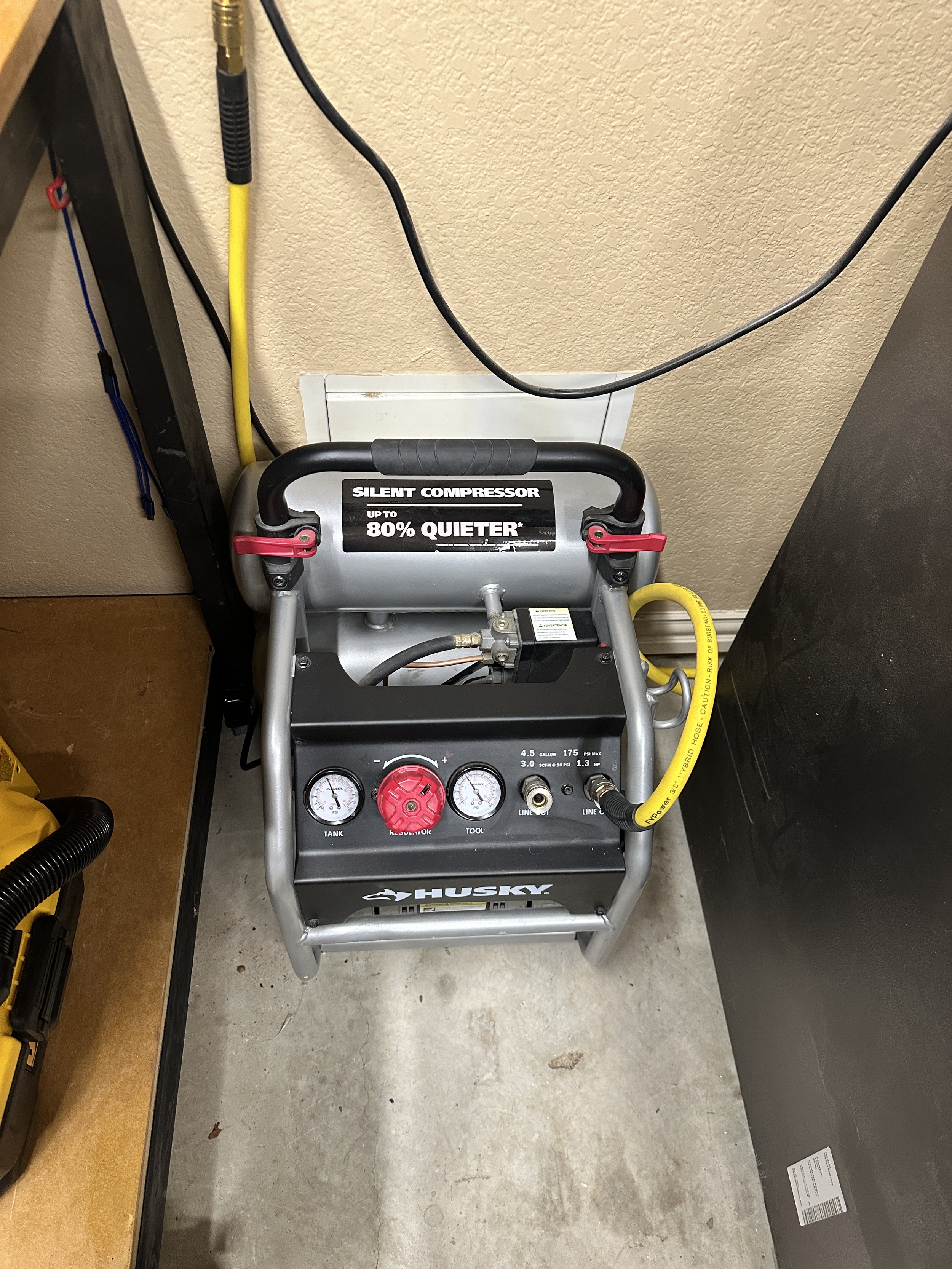 Husky Ultra--Quiet air compressor for compressed air clean-up. 