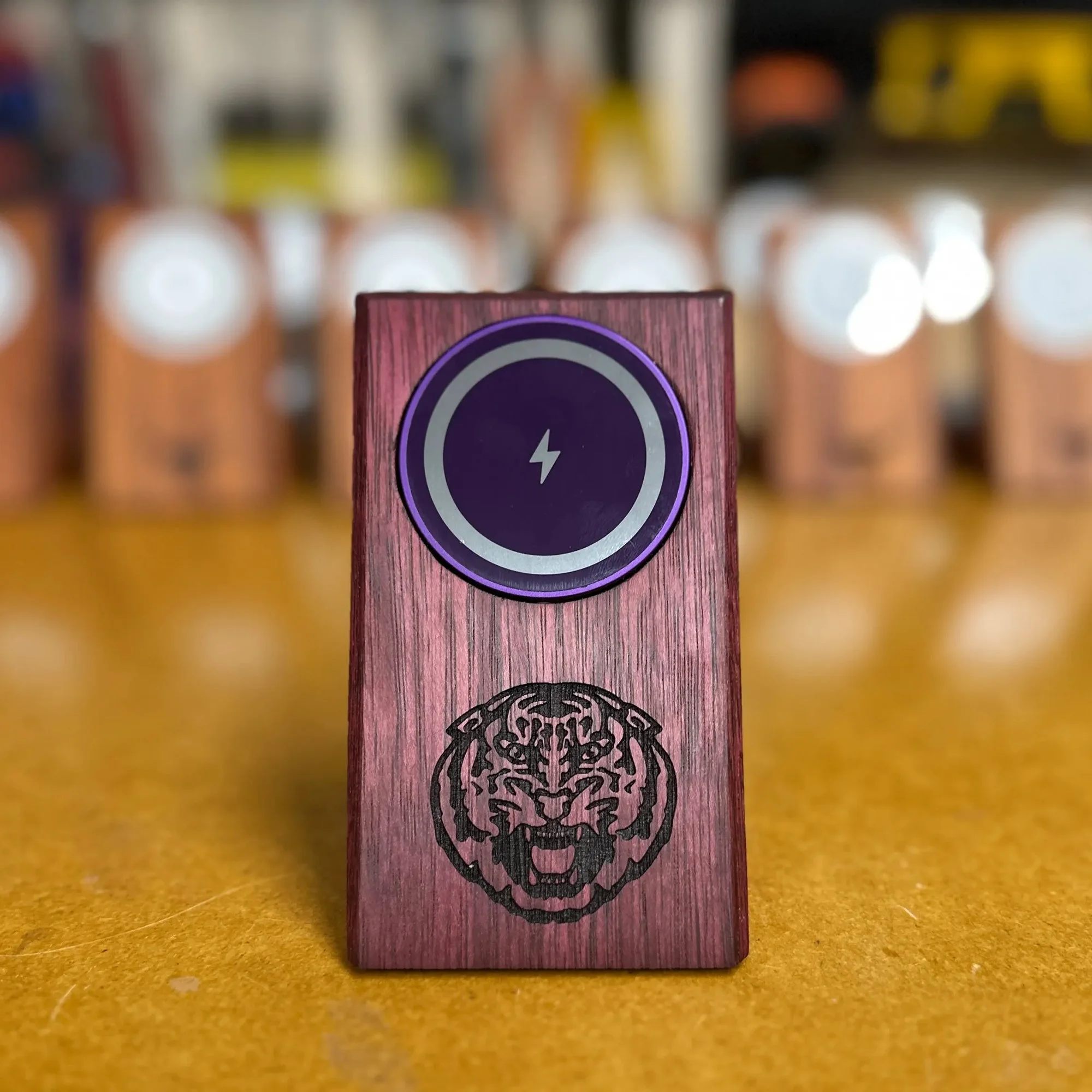 Wooden MagSafe Phone Charger from Purpleheart Hardwood. Featuring the Tiger Head logo from LSU. GEAUX TIGERS!