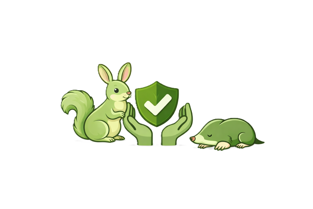 Cartoon illustration of a green squirrel and a brown mole with closed eyes near a shield with a checkmark, symbolizing security or protection.
