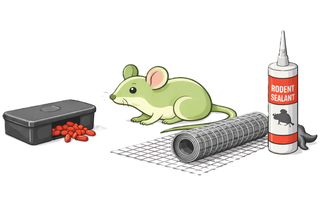 Mouse with glue traps, bait, and rodent sealant.
