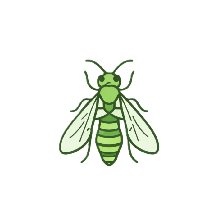 A cartoon illustration of a green insect with four wings, two antennae, and green-striped body.