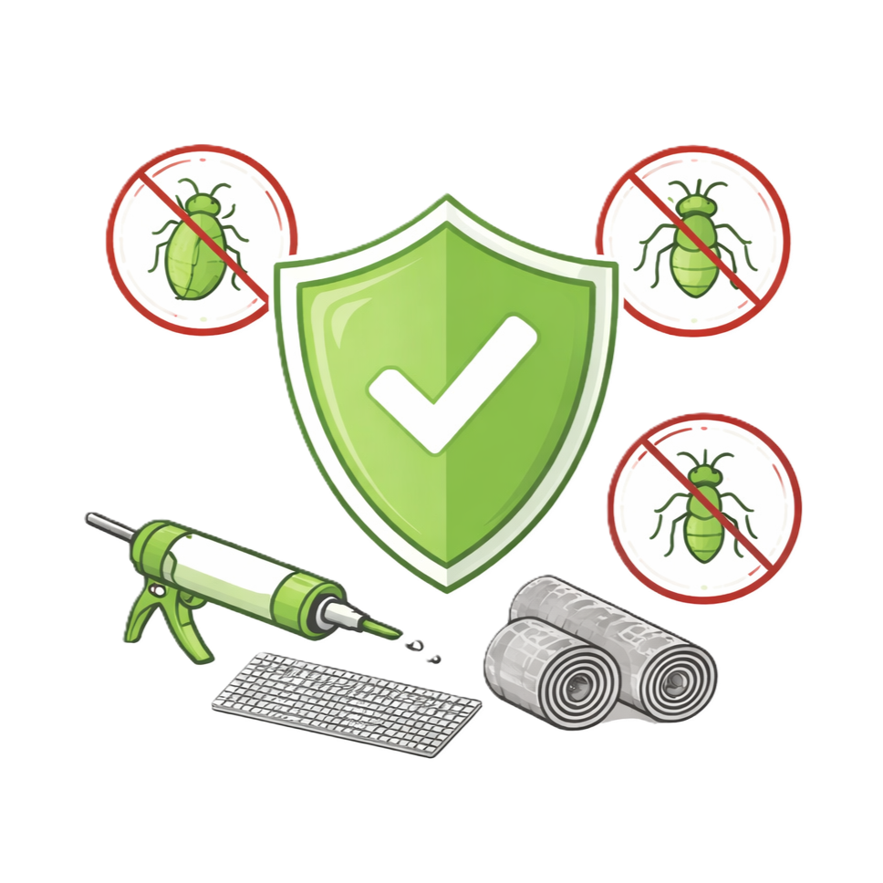 Insect repellent spray, trash bags, and a shield icon with a checkmark indicating protection against bed bugs and other pests.