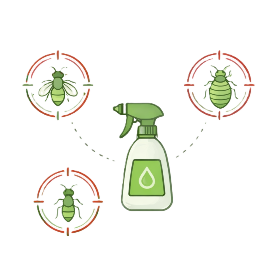 Illustration of a spray bottle with insecticide aimed at three pests: a bee, a termite, and a fly, each with a red target crosshair around them.