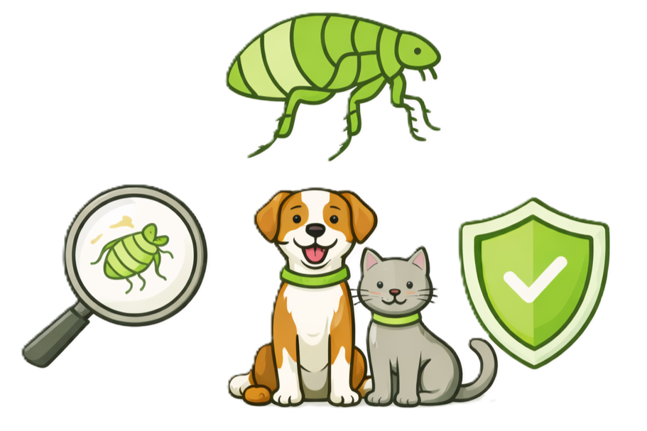 Illustration of a flea, a dog, a cat, a magnifying glass with a flea inside, and a shield with a checkmark, representing flea prevention and protection.