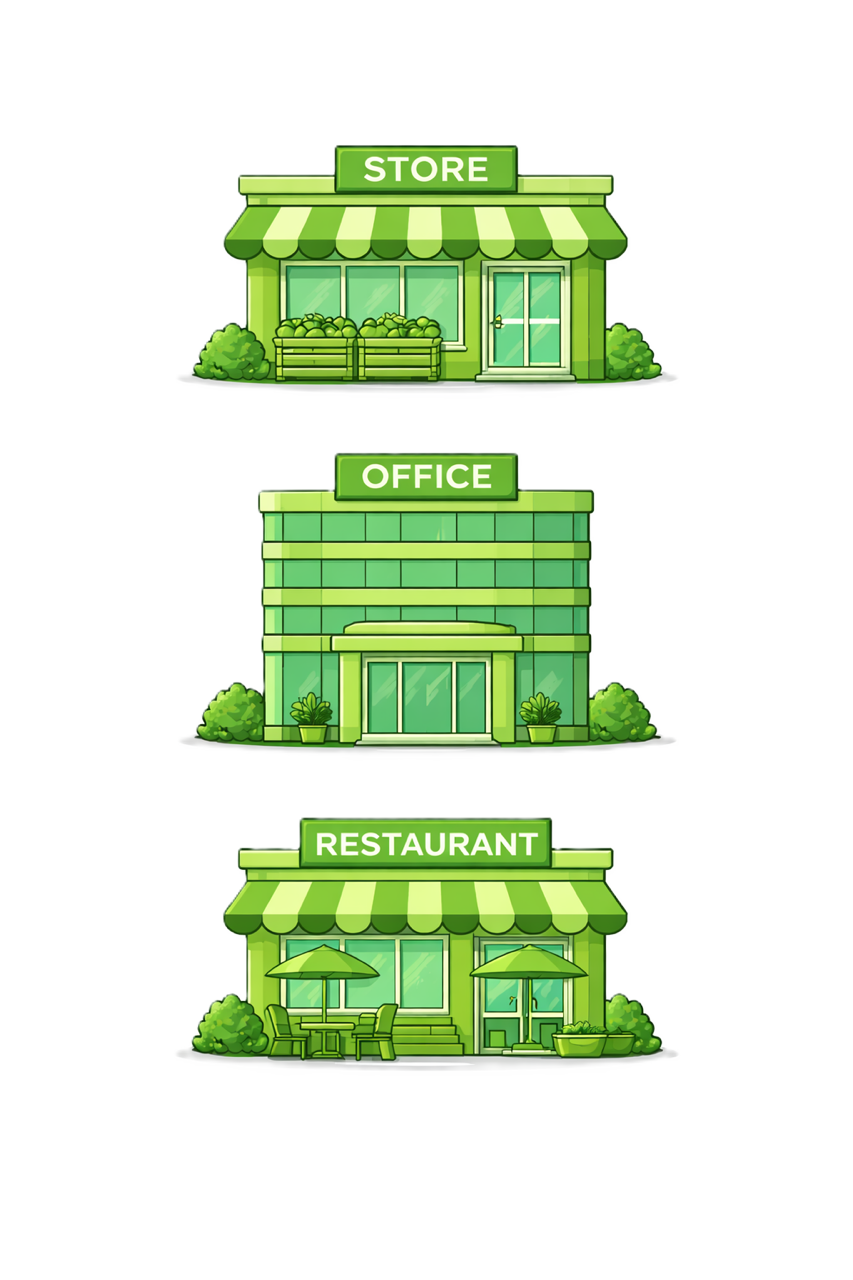Three green-themed buildings labeled store, office, and restaurant, with the store having produce displays, the office a modern glass facade, and the restaurant outdoor seating.