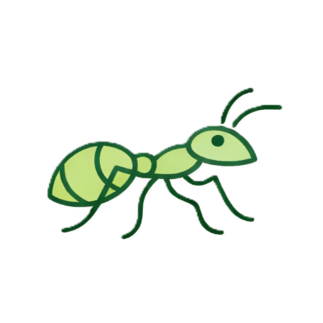 Illustration of a green ant with a segmented body and antennae.
