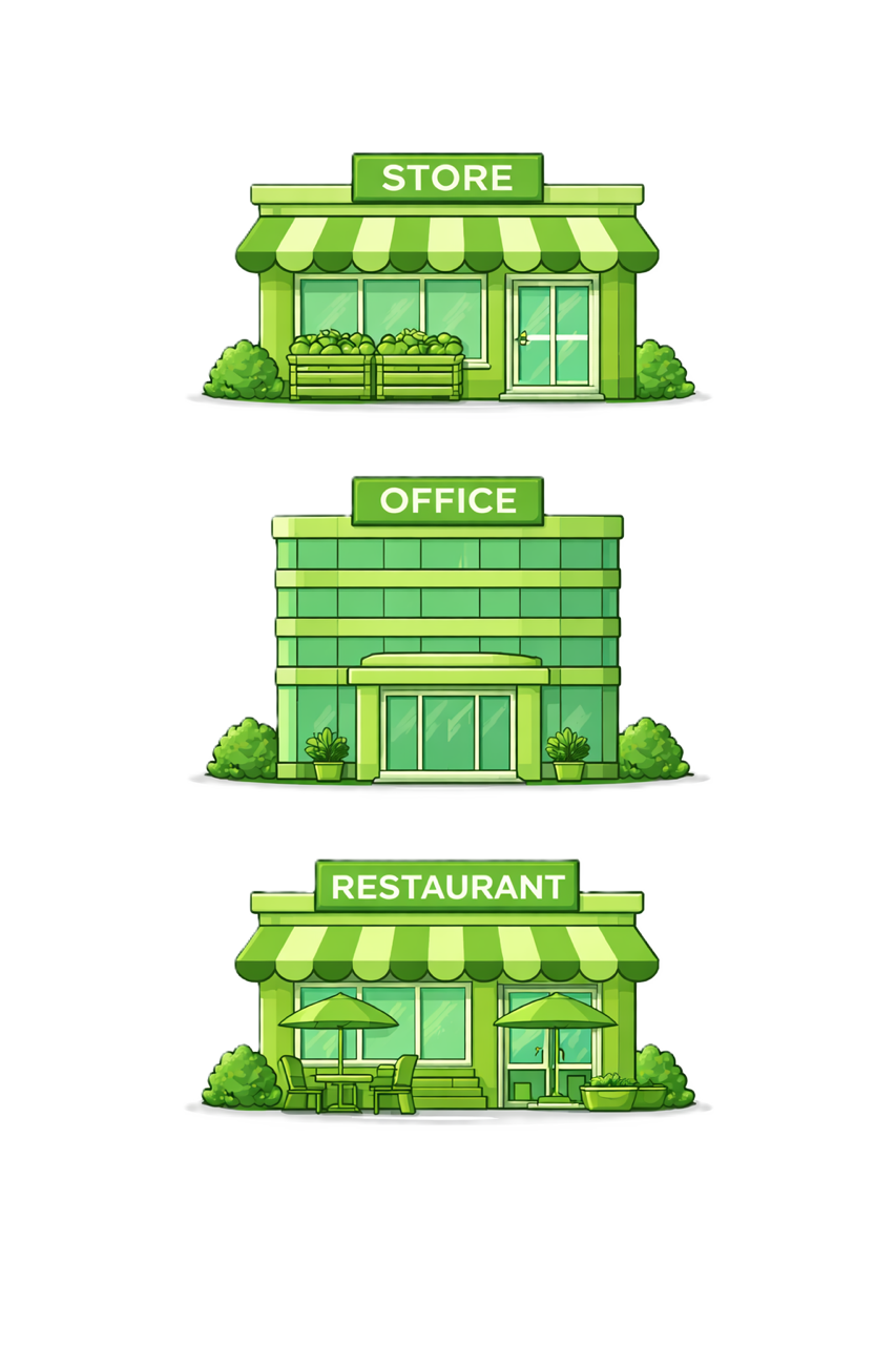 Illustration of three green buildings: a store with produce, an office building, and a restaurant with outdoor seating, all with green signage and decorations.